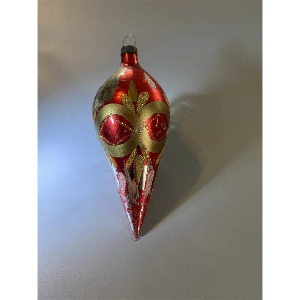 Vintage Christmas Red Gold Glass Teardrop Ornament Hand Painted Glitter Holiday